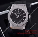 Copy Hublot Geneve Stainless Steel 41mm Black Dial Black Leather Strap Watch